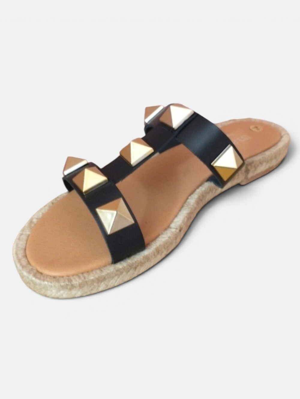 Maypol Raffia Trim Studded Leather Sandal Size 9.5 EU 41 Open Toe Slip-on Summer